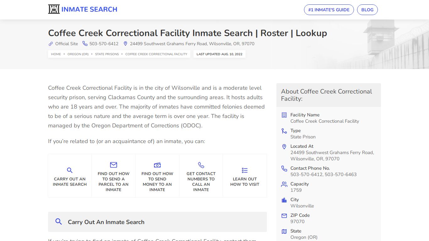 Coffee Creek Correctional Facility Inmate Search | Roster ...